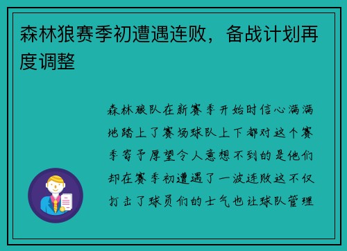 森林狼赛季初遭遇连败，备战计划再度调整